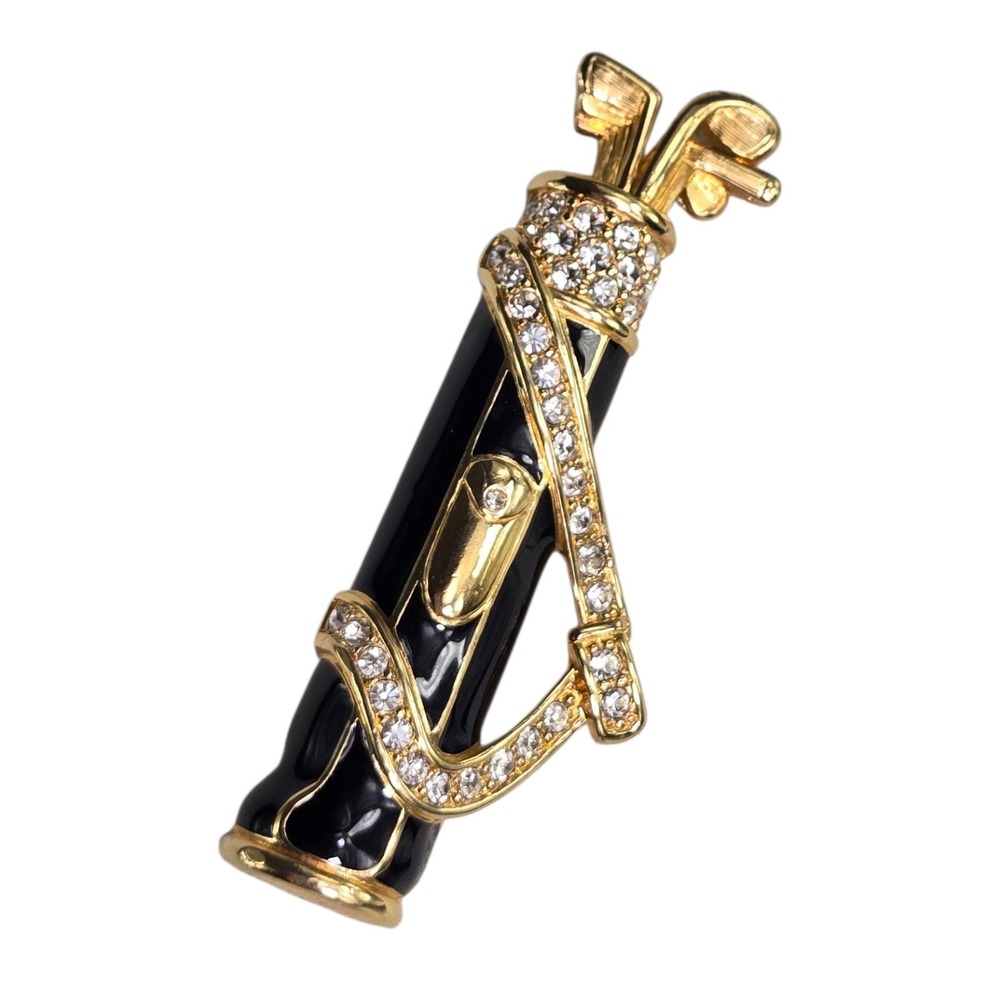 Vintage Swarovski Golf Club Bag‎ Rhinestone Enamel Brooch Gold Plated Pin Swan
